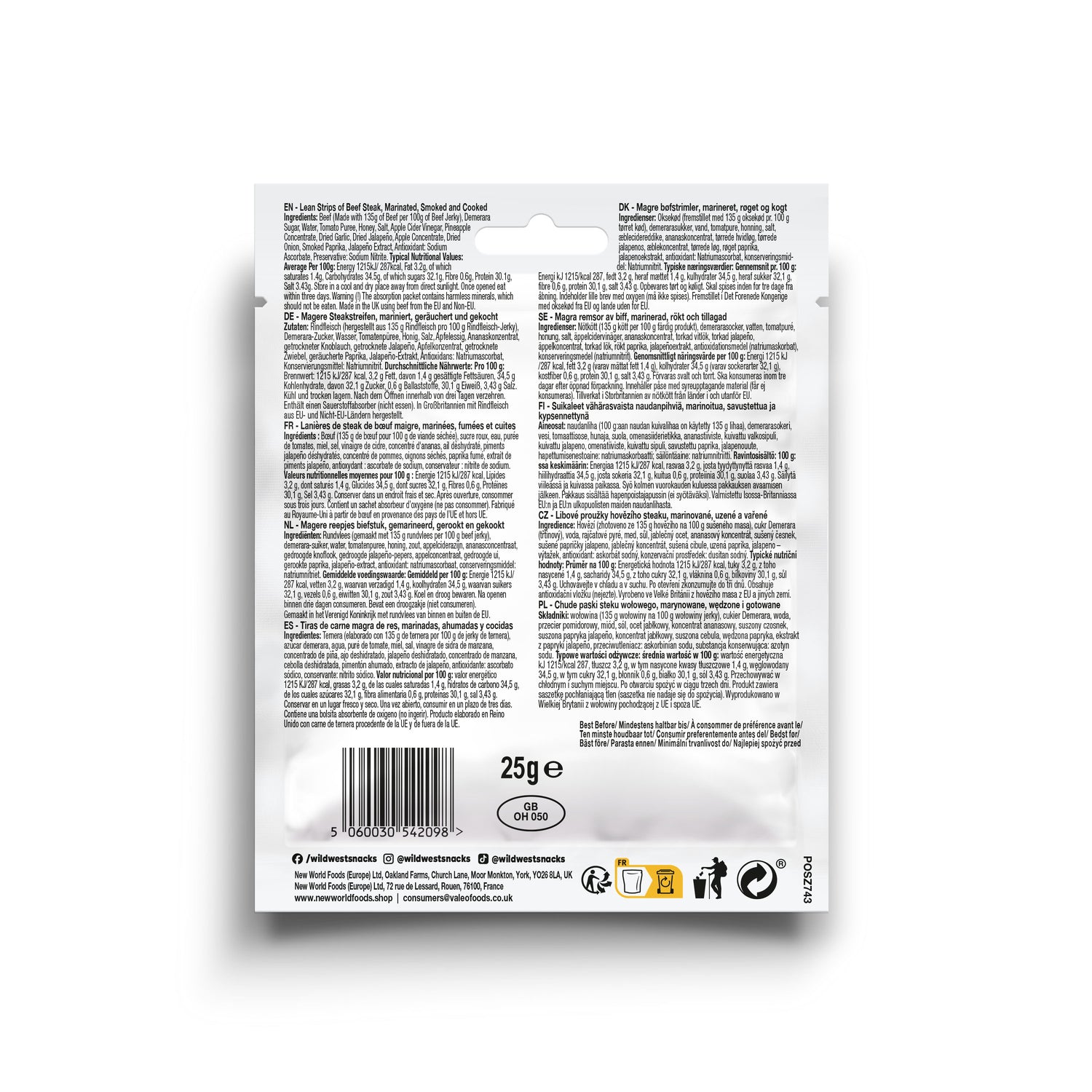 Back view of Wild West Jalapeno Beef Jerky product packaging with text and a barcode on a white background
