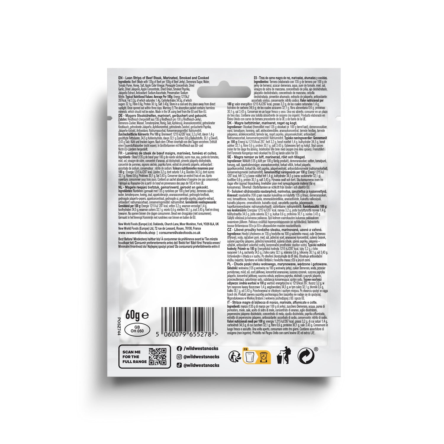 Back view of Wild West Jalapeño Beef Jerky product packaging with text and symbols on a white background