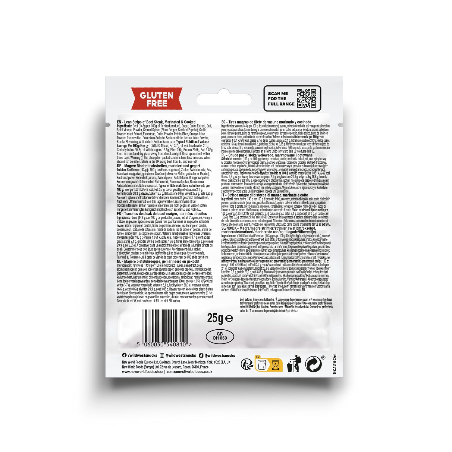 Back of a Wild West Original Beef Jerky food package with text and labels.