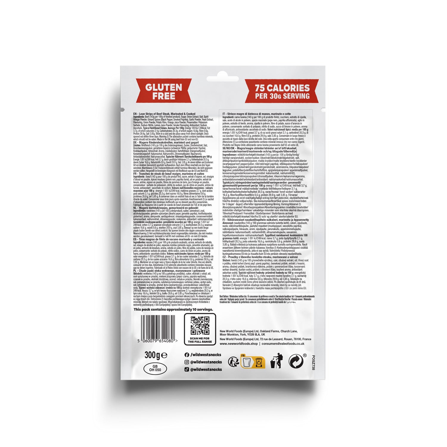 Back of Wild West Original Beef Jerky food package with nutritional information and QR code on a white background