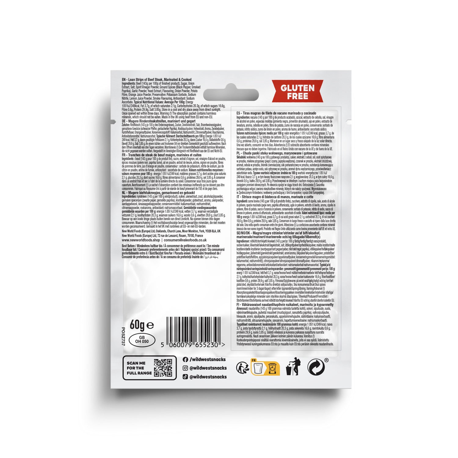 Back view of Wild West Original Beef Jerky product packaging with text and symbols on a white background