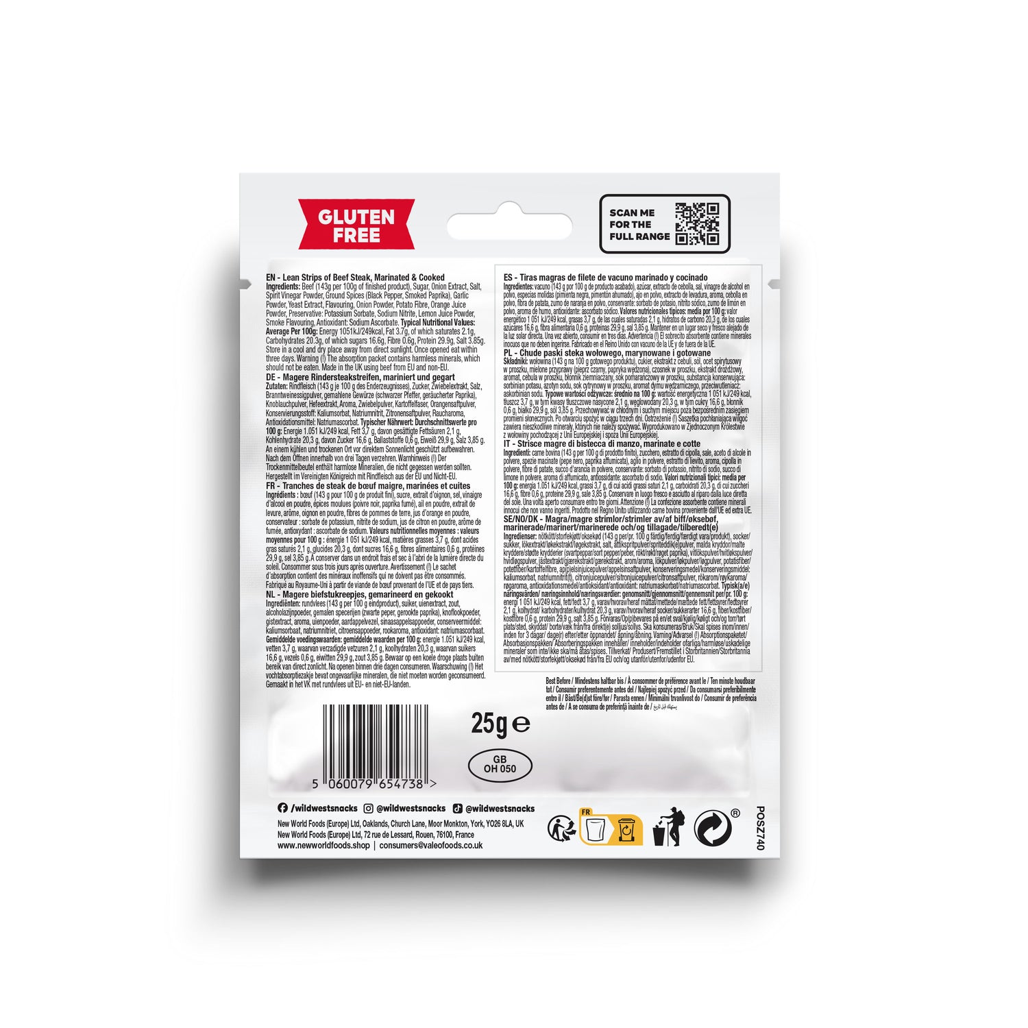 Back of a Wild West Original Steak Strips package with text and symbols on a white background