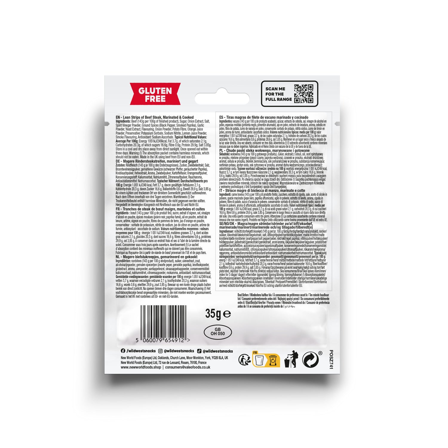 Back view of Wild West Original Steak Strips product packaging with text and symbols on a white background