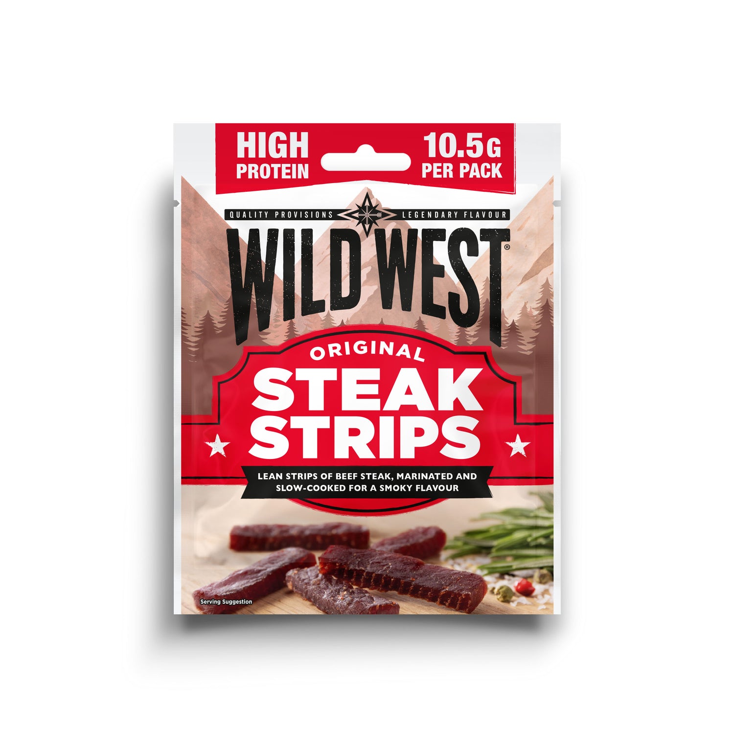 Pack of Wild West Steak Strips on a white background