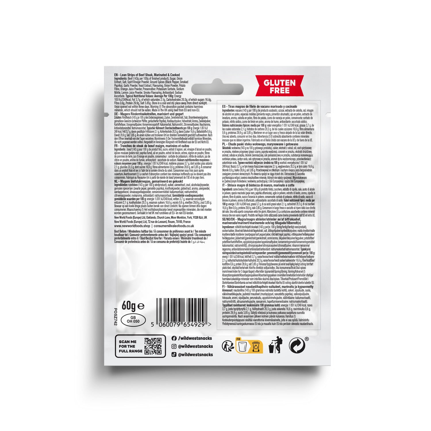 Back view of Wild West Original Steak Strips product packaging with text and symbols on a white background
