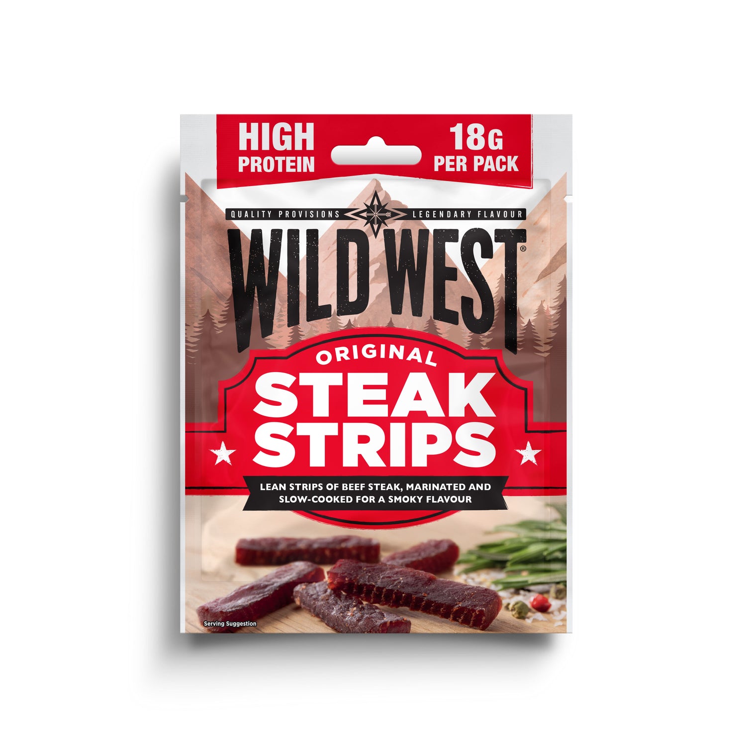 Pack of Wild West Original Steak Strips with red and white packaging on a white background