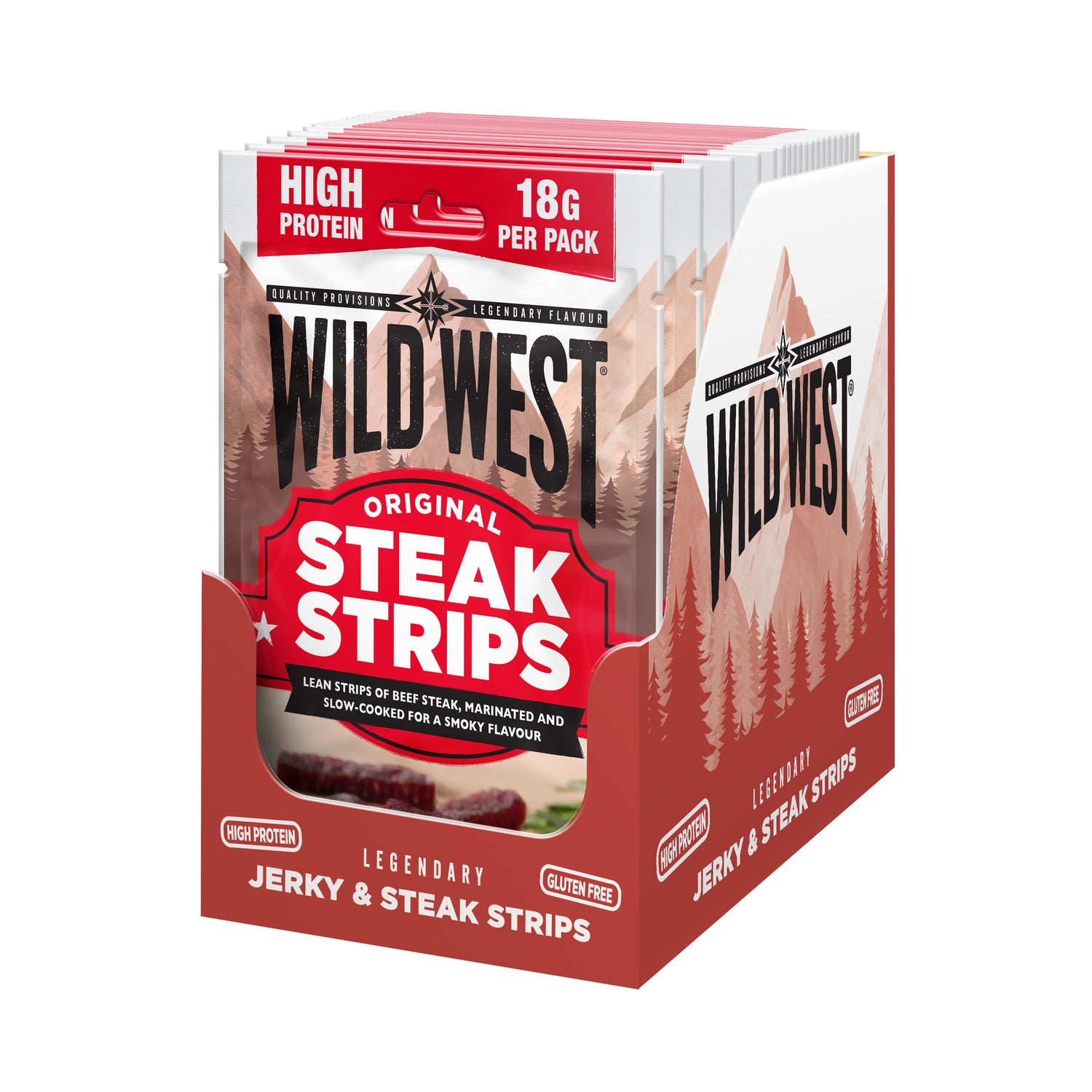 Box of Wild West Steak Strips with red and white design on a white background