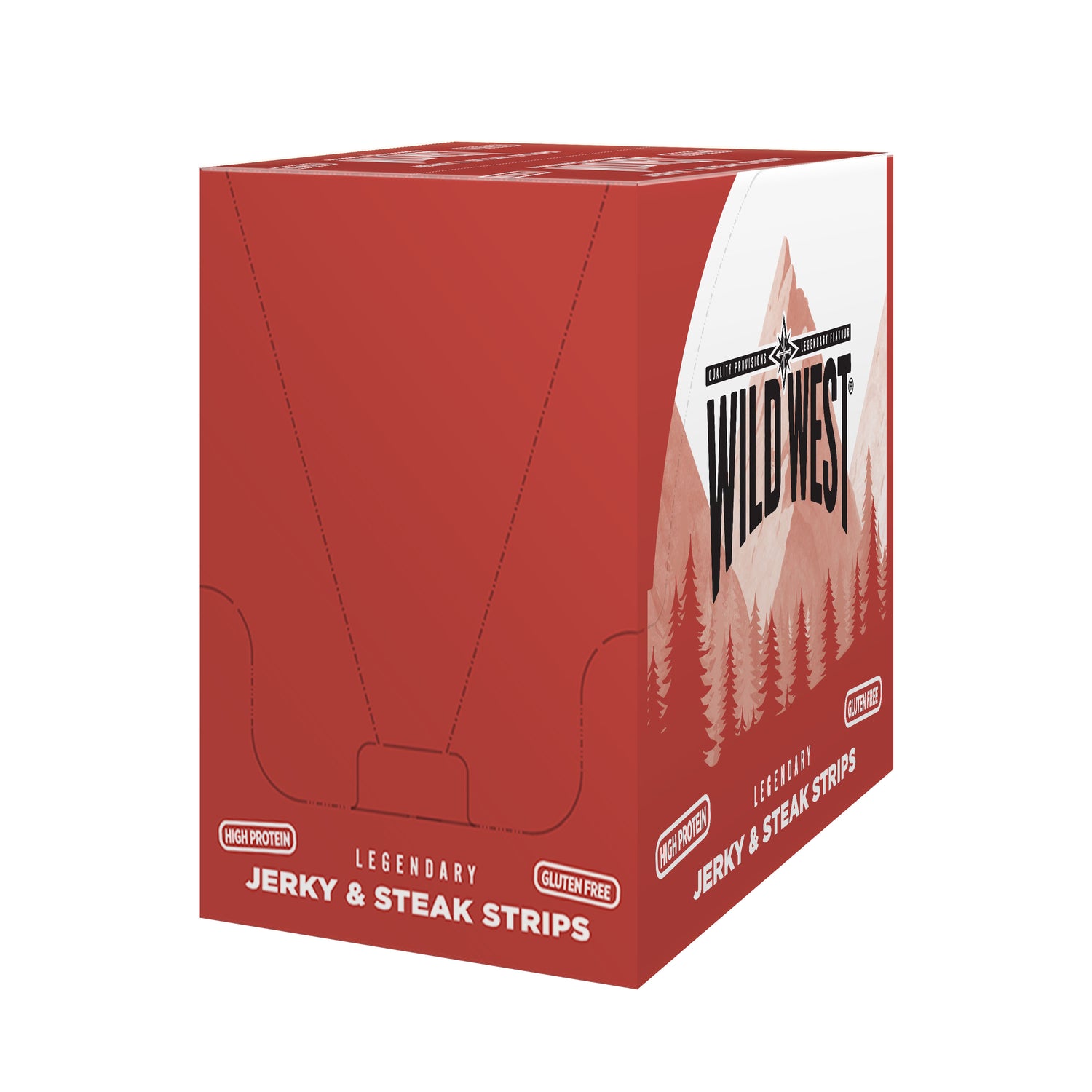 Red box of Wild West jerky and steak strips on a white background