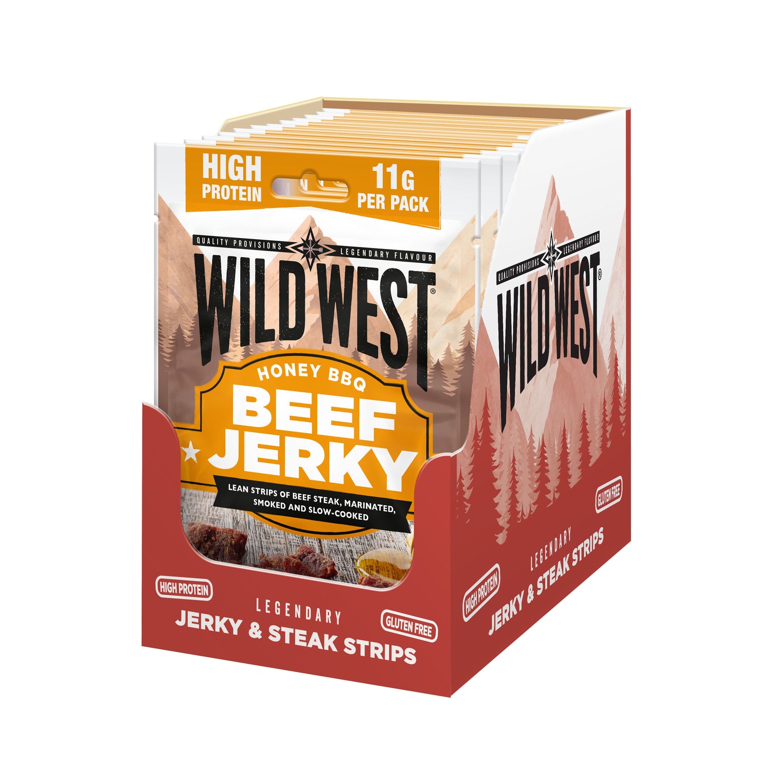 Box of Wild West Honey BBQ Beef Jerky with mountain and forest design