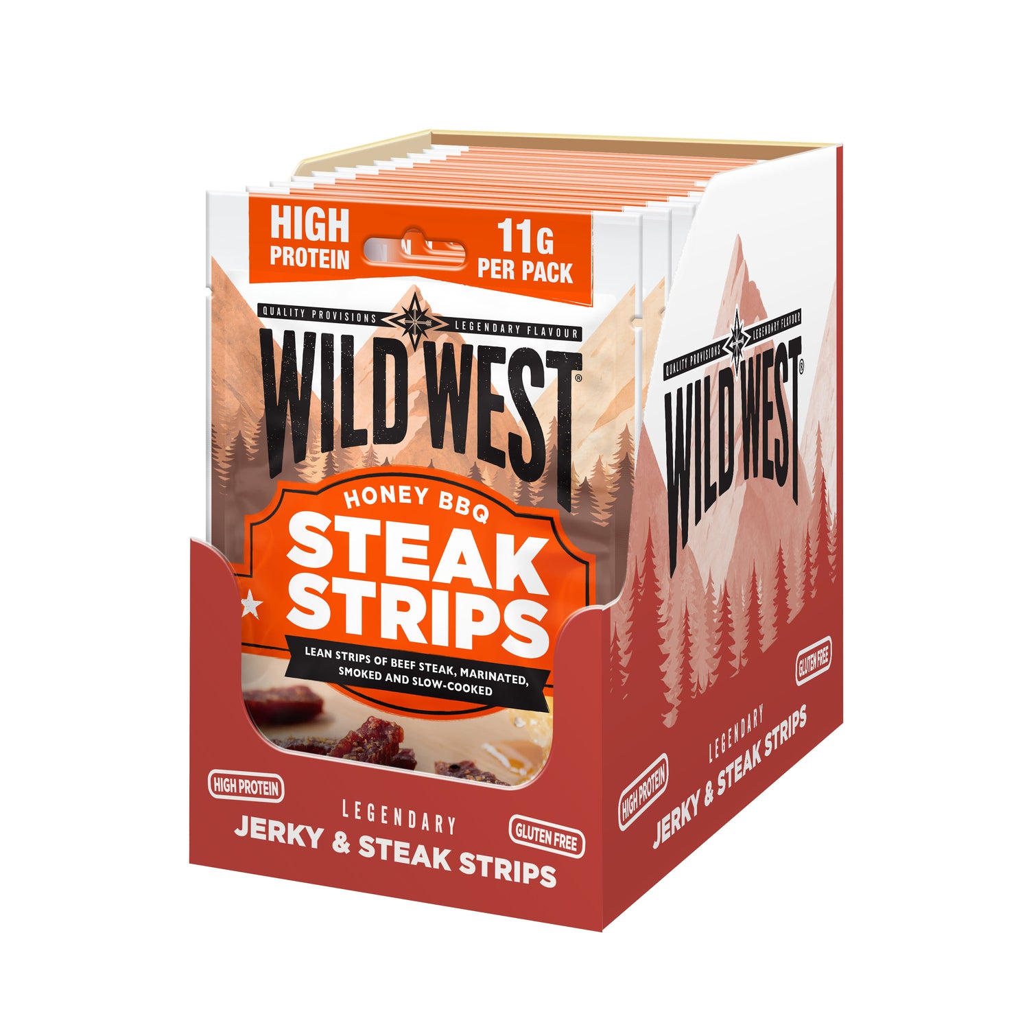 Box of Wild West Honey BBQ Steak Strips on a white background