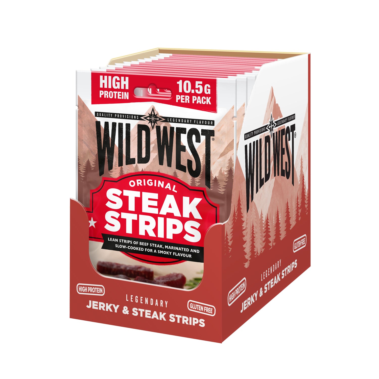 Box of Wild West Steak Strips on a white background