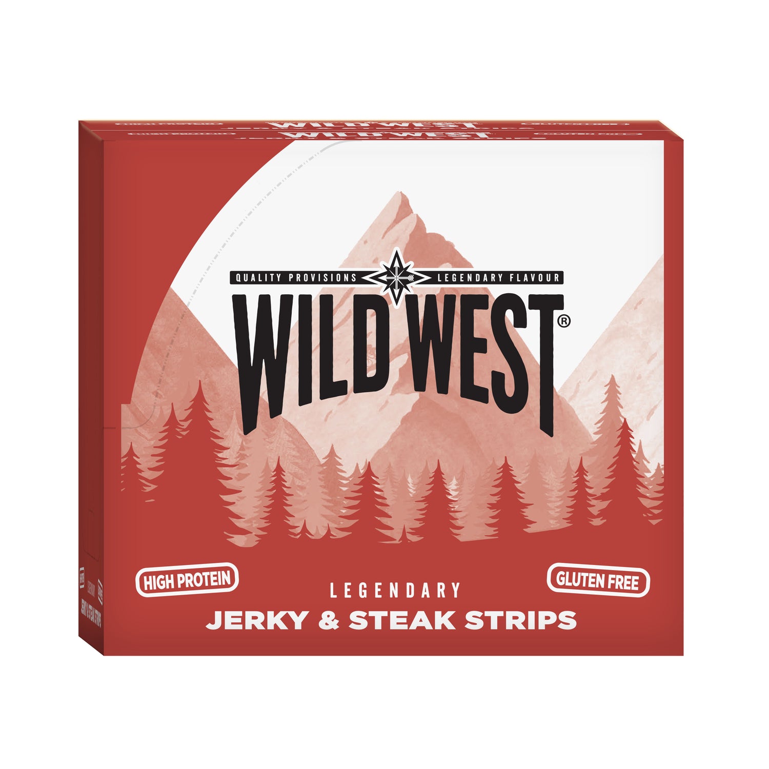 Side view of a box of Wild West jerky and steak strips packaging with mountain and forest design.