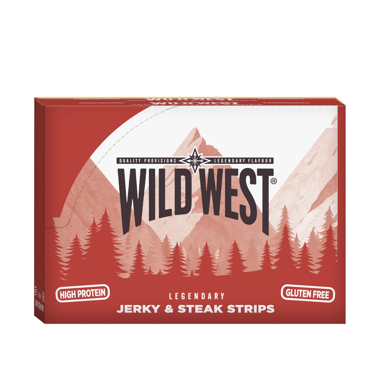 Side view of a box of Wild West jerky and steak strips with mountain and forest design on a white background