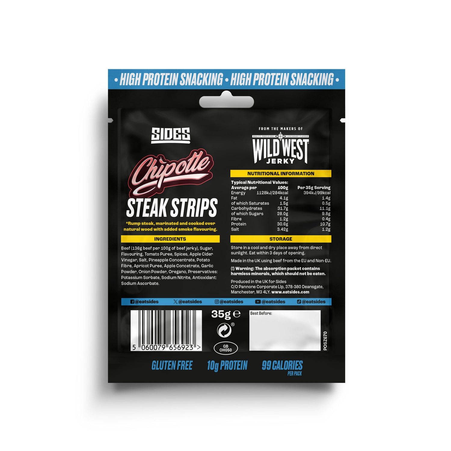Back of a package of Sides Chipotle Steak Strips on a white background
