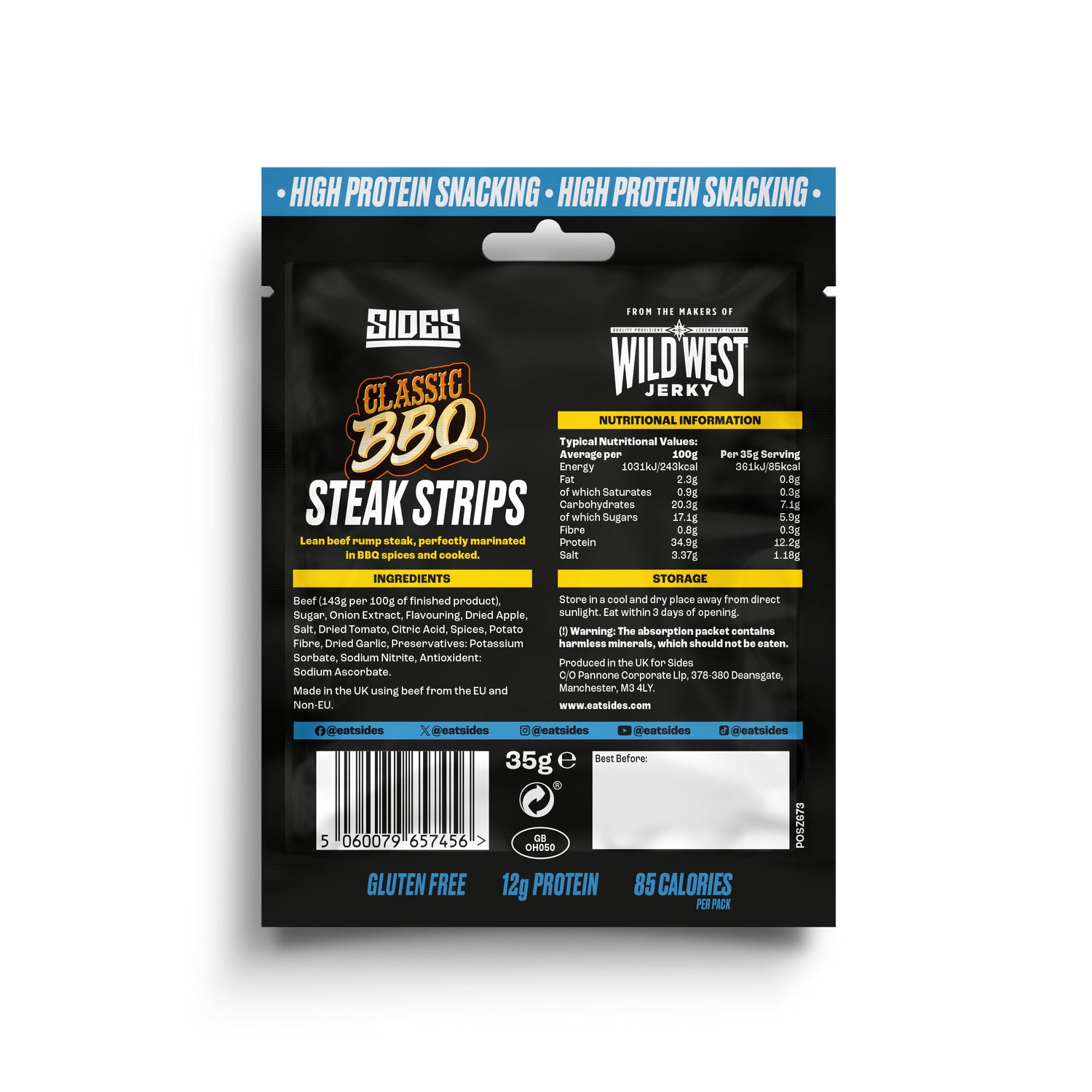 Back of a package of Sides Classic BBQ Steak Strips with branding and nutritional information on a white background