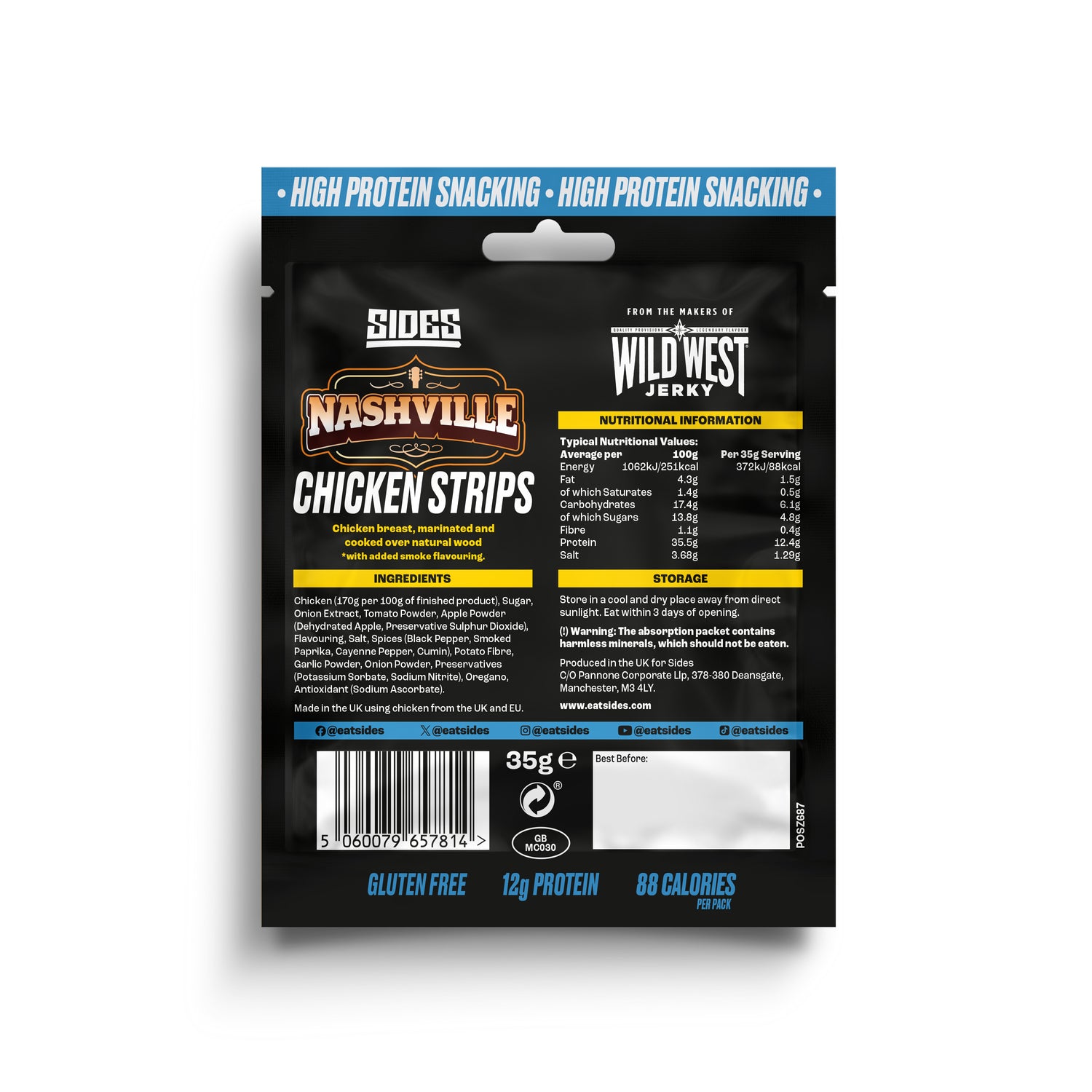 Back of a package of Sides Nashville Chicken Strips with branding and nutritional information on a white background