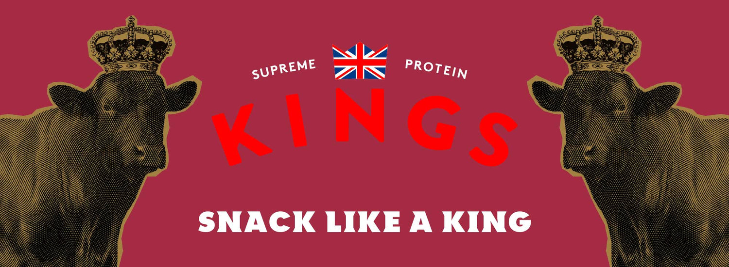 Kings jerky, biltong and steak strips logo, with two beef cows wearing crowns