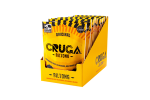 Cruga Original Biltong box. 12 packs sitting inside a retail display box.