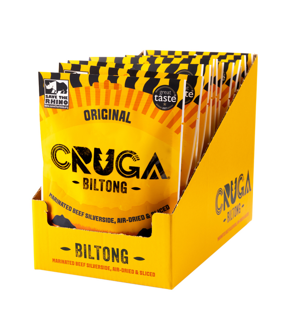 12 packets of Cruga Original Biltong in our display box viewed from the. side with the. Cruga logo.