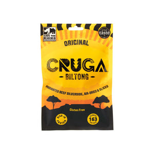 Cruga Original Biltong pack image featuring high protein and gluten free information.