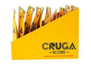 12 packets of Cruga Original Biltong in our display box viewed from the. side with the. Cruga logo.