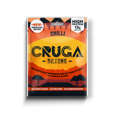 CRUGA Biltong packaging with chilli flavor on a white background