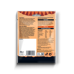 Back of Cruga Chilli Biltong packaging with text and nutritional information on an orange background