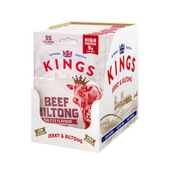 A box of Kings Rib Eye Flavour Beef Biltong with branding and product details.