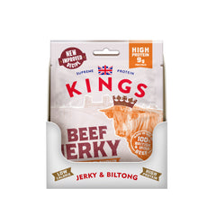 Packaging of Kings Sweet BBQ Beef Jerky with branding and product details on a white background