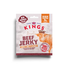 Packaging of Kings Sweet BBQ Beef Jerky with branding and product details on a white background