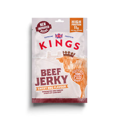 Packaging of Kings Beef Jerky Sweet BBQ Flavour on a white background