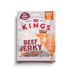 Packaging of Kings Beef Jerky Sweet BBQ Flavour on a white background