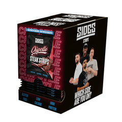 Multipack box of Sides Chipotle Steak Strips with promotional text and images on a white background